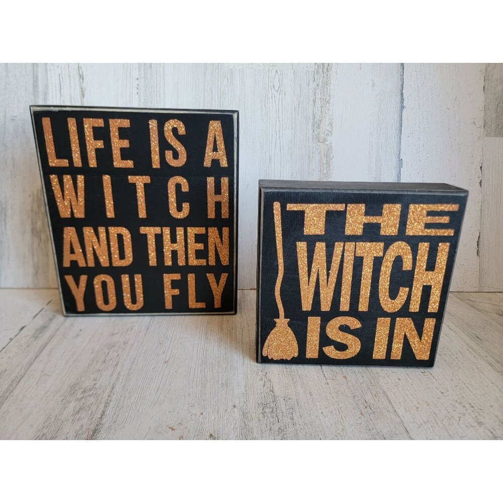 Life is a witch Halloween sign wooden set home‎ decor glitter broom